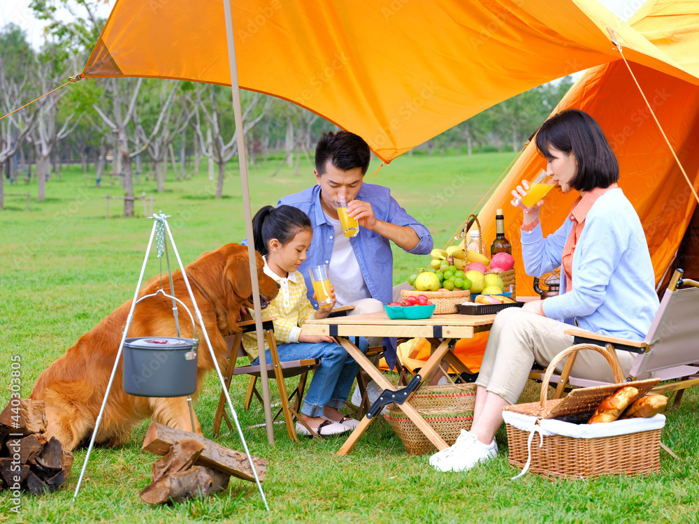 Happy family of three and dog camping out