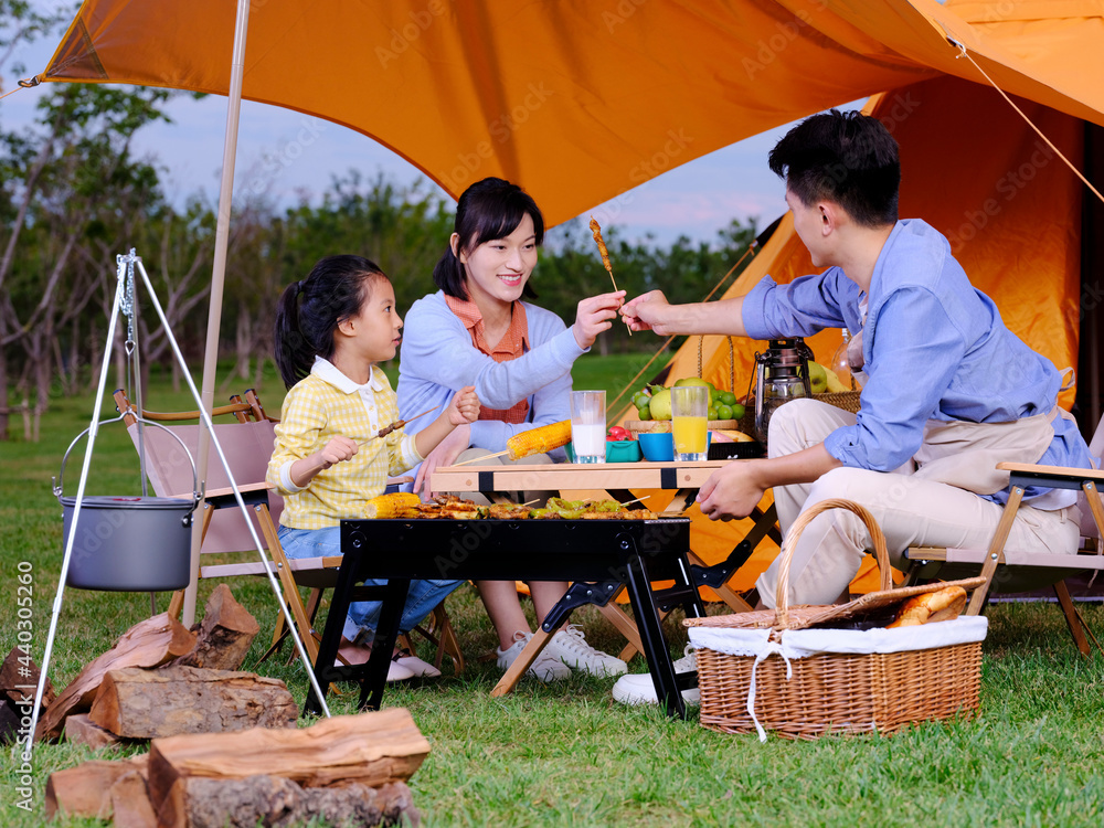 A happy family of three having barbecue in the park