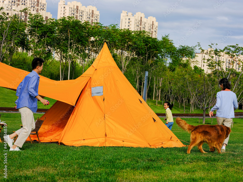 Happy family of three and pet dog playing in the park