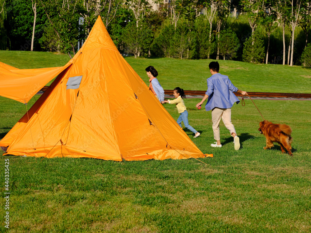 Happy family of three and pet dog playing in the park