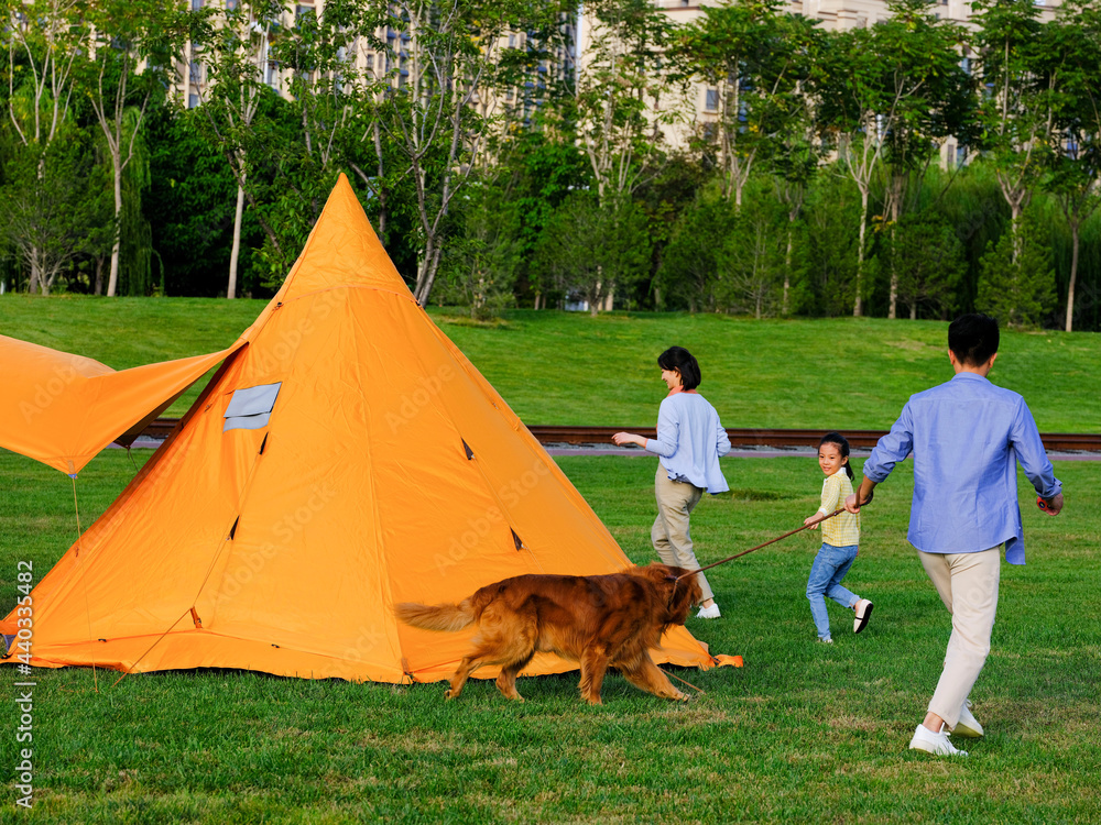 Happy family of three and pet dog playing in the park