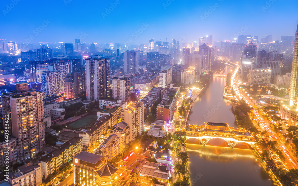 航拍四川成都城市建筑景观天际线夜景