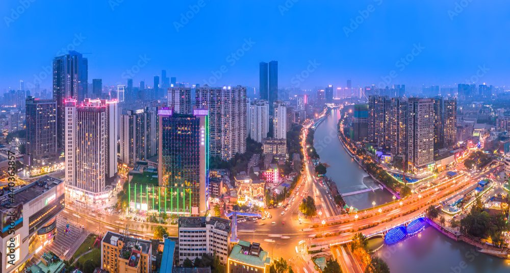 航拍四川成都城市建筑景观天际线夜景