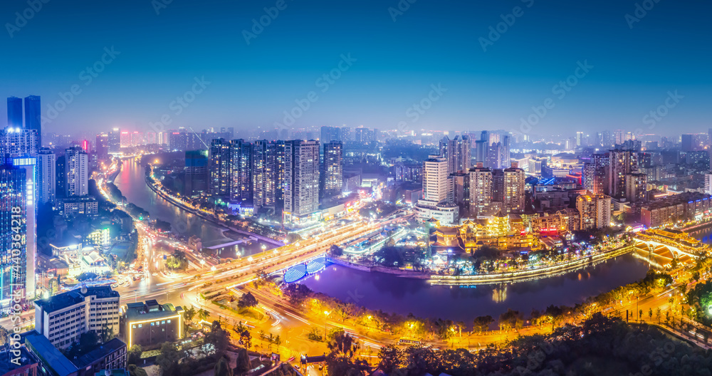 航拍四川成都城市建筑景观天际线夜景