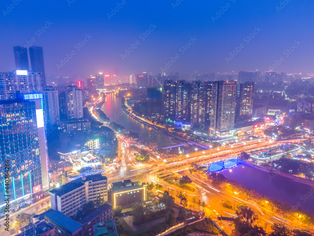 航拍四川成都城市建筑景观天际线夜景