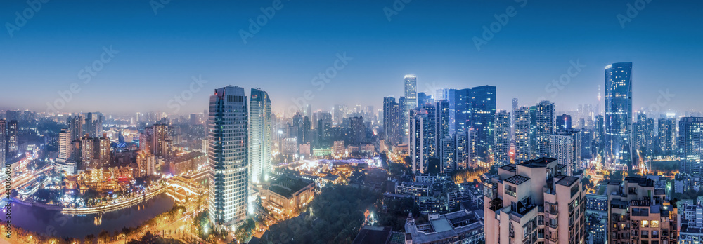 航拍四川成都城市建筑景观天际线夜景