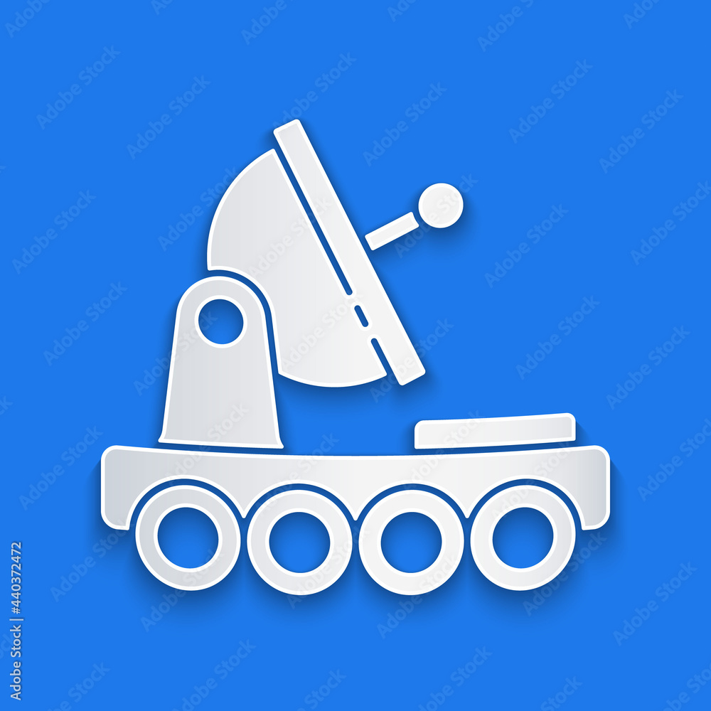 Paper cut Mars rover icon isolated on blue background. Space rover. Moonwalker sign. Apparatus for s