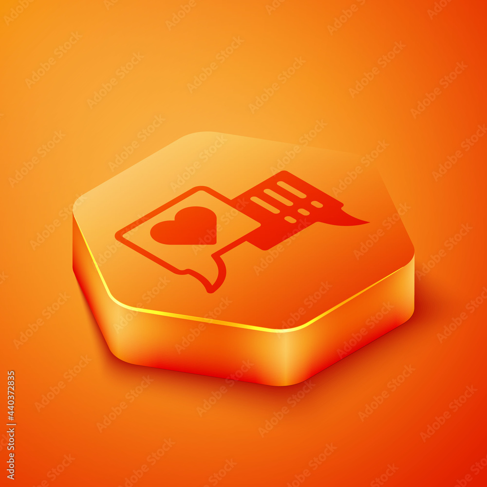 Isometric Heart in speech bubble icon isolated on orange background. Orange hexagon button. Vector