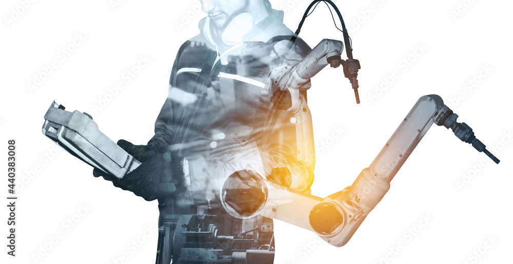 Mechanized industry robot arm and factory worker double exposure . Concept of robotics technology fo