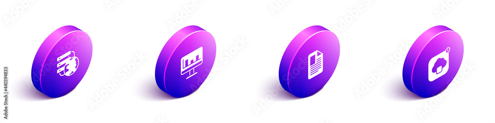 Set Isometric Network cloud connection, Monitor with graph chart, File document and Cloud technology