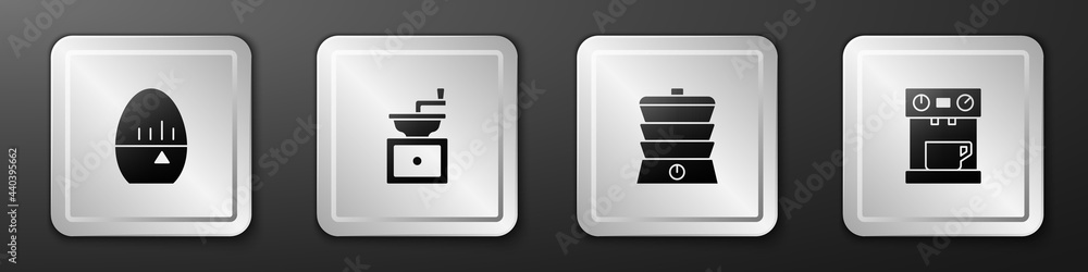 设置厨房计时器、手动咖啡研磨机、慢炖锅和咖啡机图标。银色方形按钮。