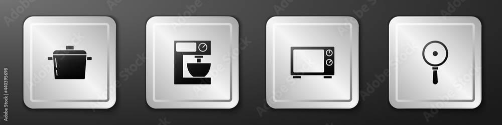 设置烹饪锅、电动搅拌机、微波炉和煎锅图标。银色方形按钮。矢量