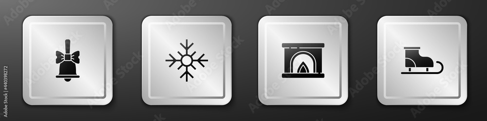 设置圣诞快乐铃声、雪花、室内壁炉和花样滑冰图标。银色方形