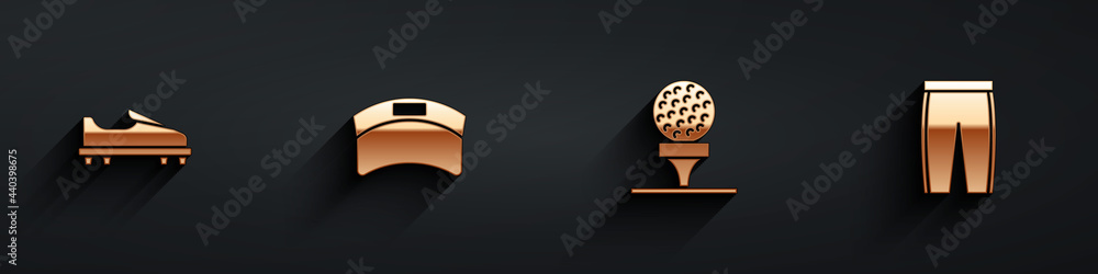 Set Golf shoe, Sun visor cap, ball on tee and pants icon with long shadow. Vector