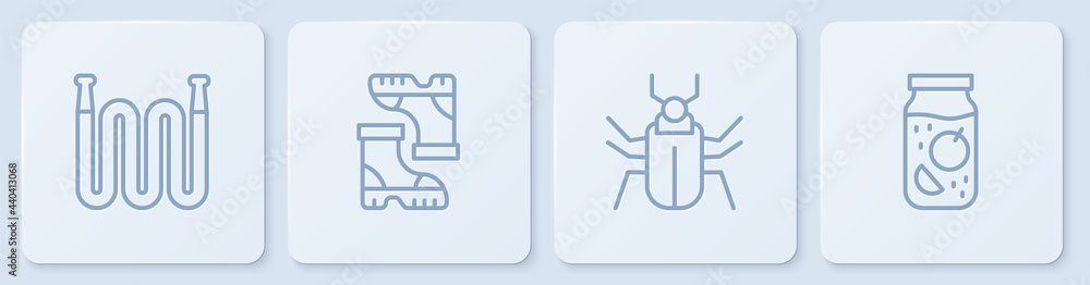 花园软管、防虫蝇、防水橡胶靴和果酱罐。白色方形按钮。矢量