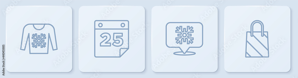 套装圣诞毛衣，雪花演讲泡泡，日历和购物袋。白色方形按钮。