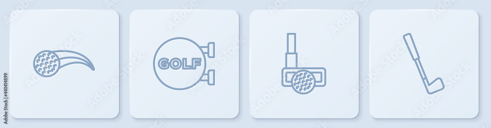 设置线高尔夫球，球杆，运动和。白色方形按钮。矢量