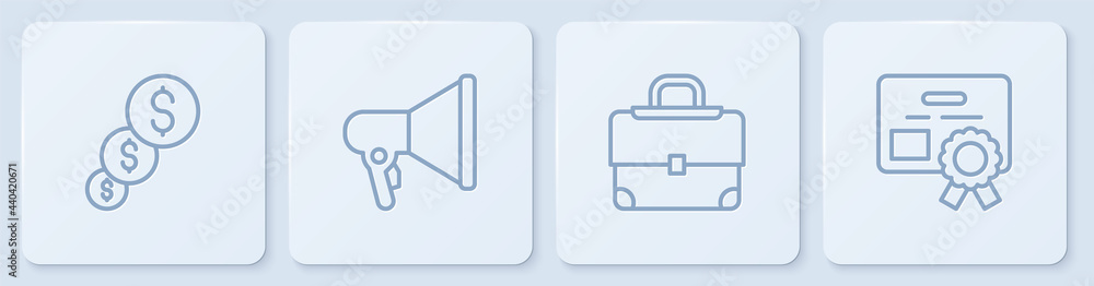 Set line Financial growth and dollar, Briefcase, Megaphone and Certificate template. White square bu