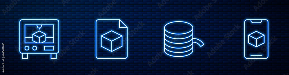 为3D打印机、等距立方体文件和软件设置线灯丝。在砖墙上发光的霓虹灯图标