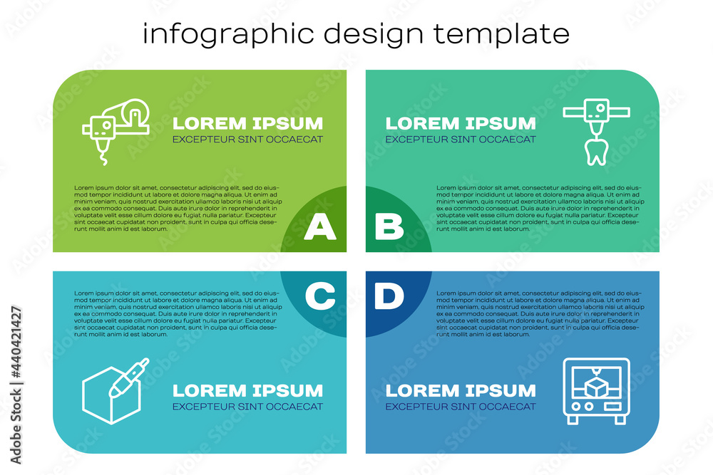 设置线三维笔工具、3d打印机和牙齿。商业信息图模板。矢量