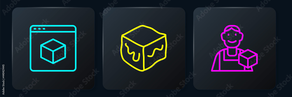 Set line 3D printer, Graphic designer and Isometric cube. Black square button. Vector