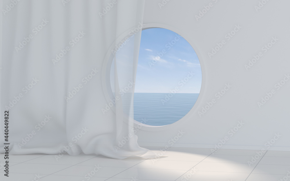 Empty white room with round window, 3d rendering.