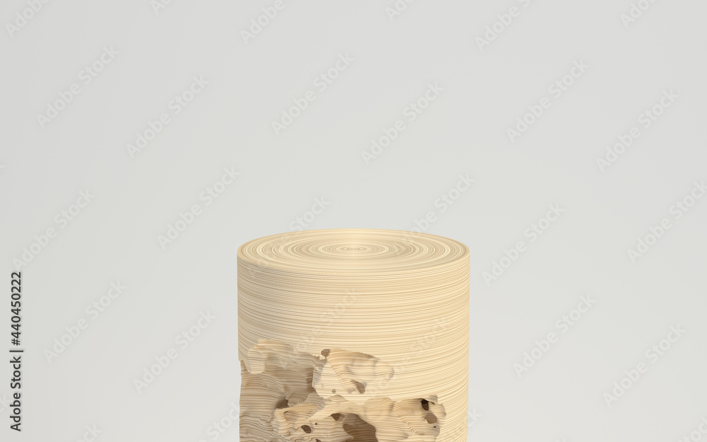 Empty wood cylinder stage with white background, 3d rendering.