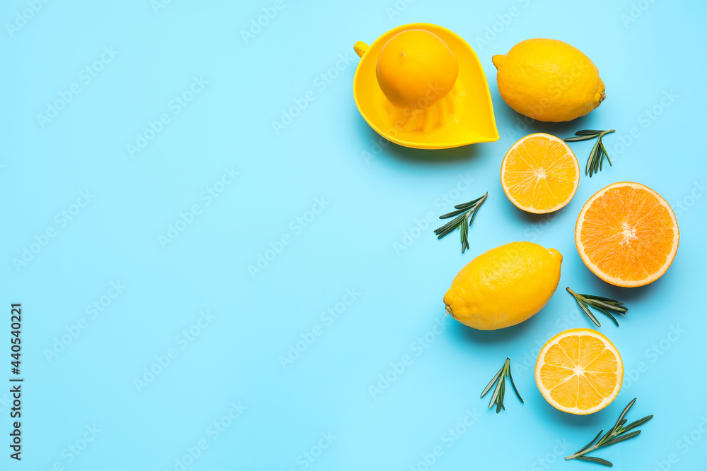 Healthy citrus fruits on color background