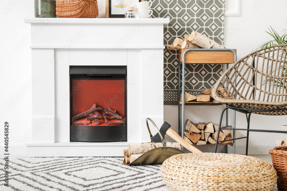 Interior of stylish living room with fireplace