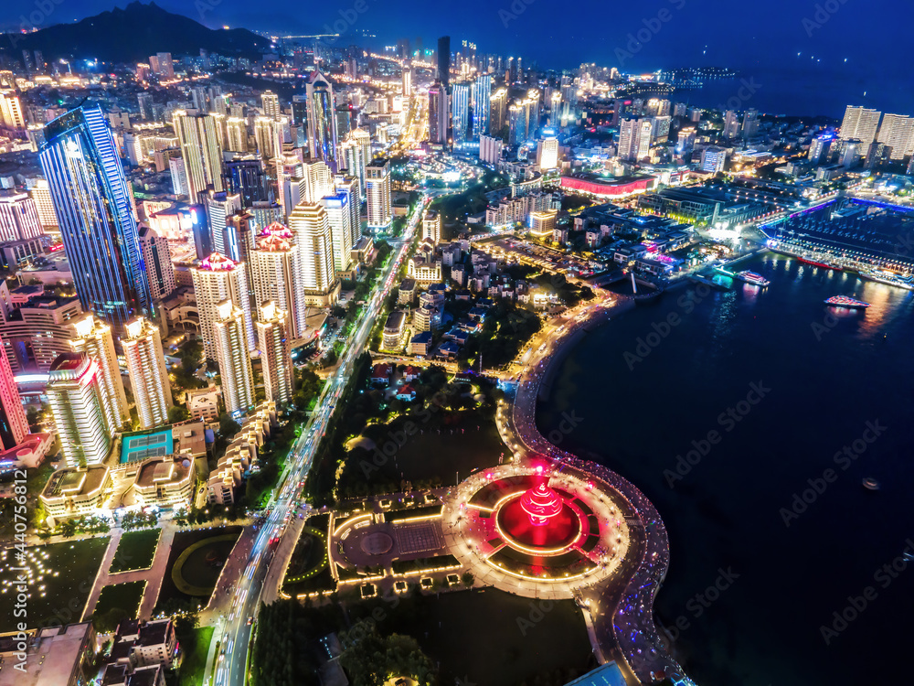 航拍青岛市海岸线建筑景观夜景