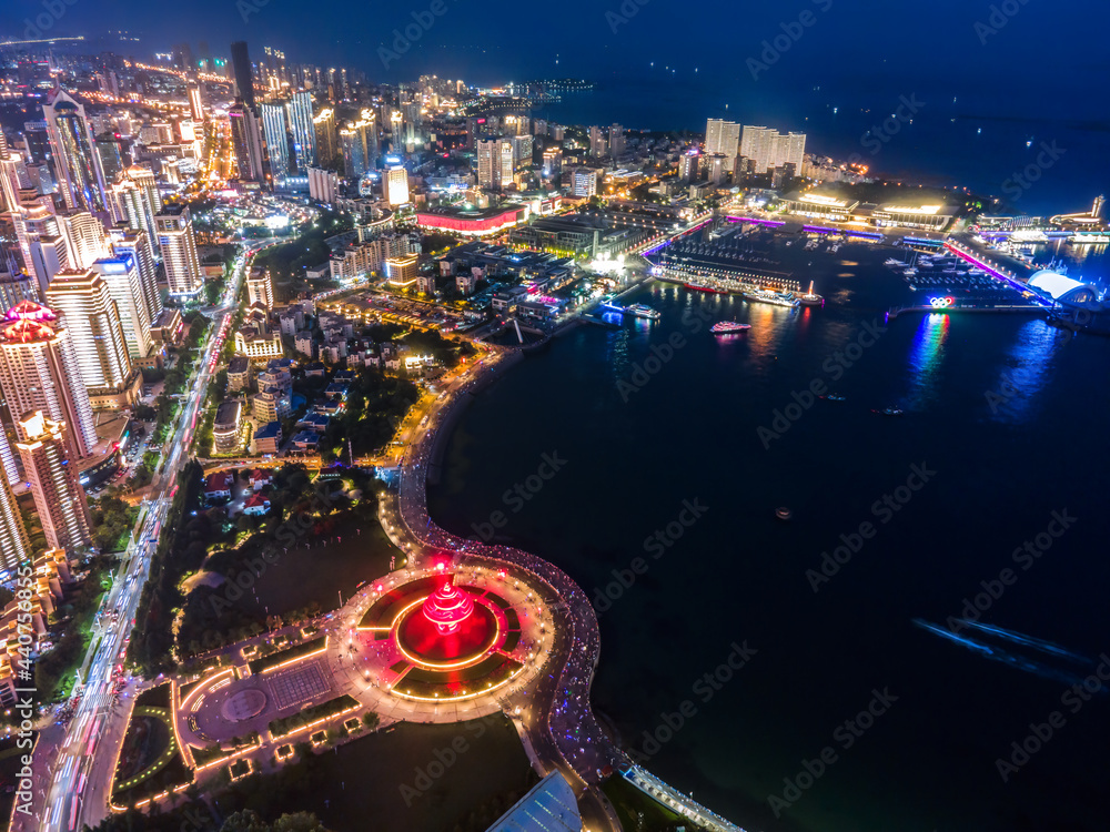 航拍青岛市海岸线建筑景观夜景