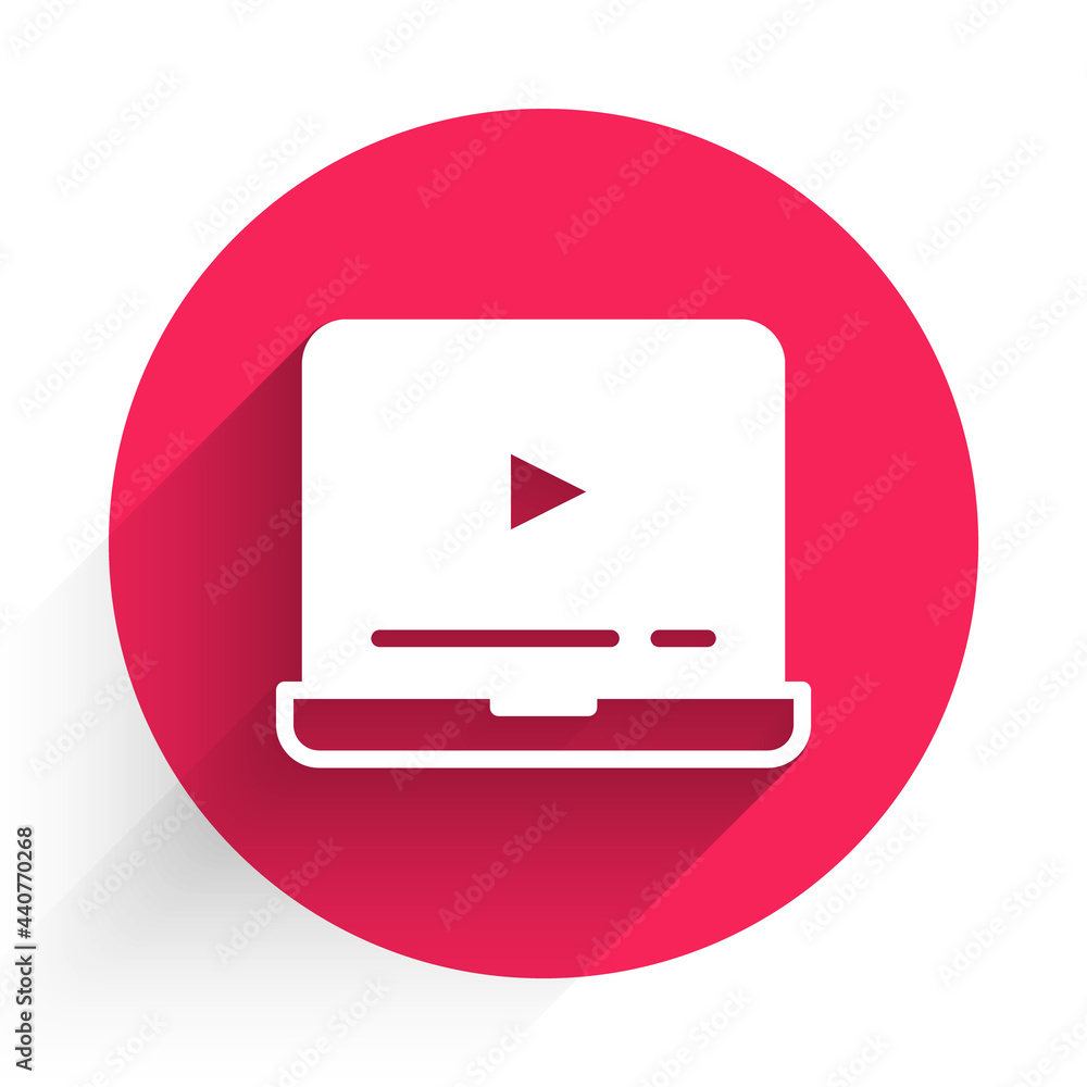 White Online play video icon isolated with long shadow. Laptop and film strip with play sign. Red ci