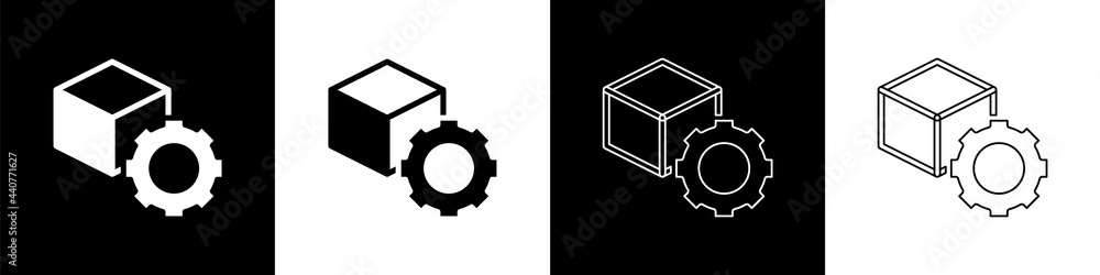设置隔离在黑白背景上的等轴测立方体图标。几何立方体实心图标。3D正方形