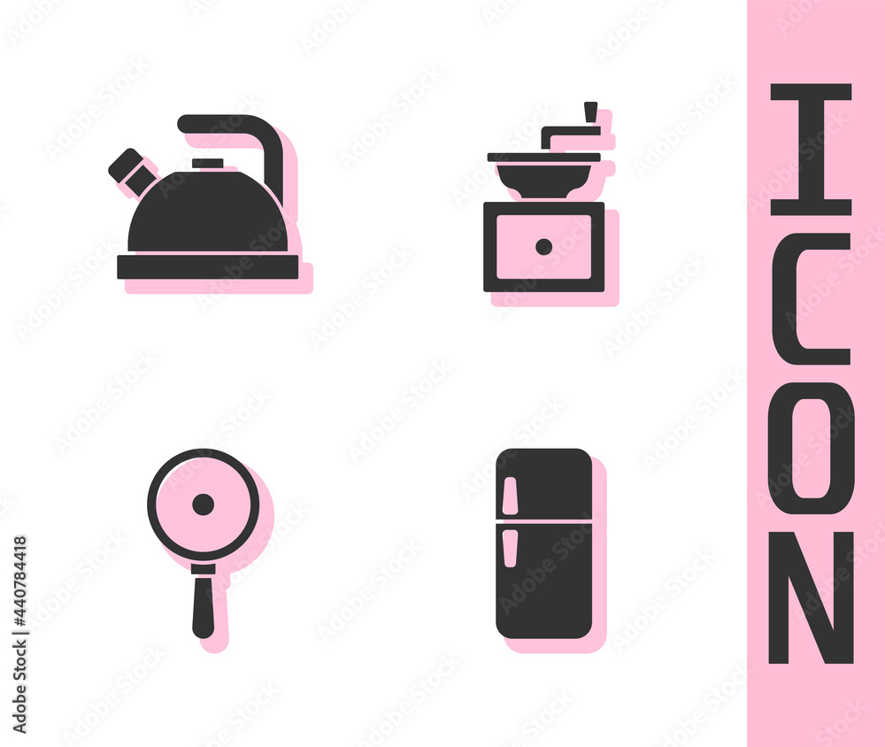 Set Refrigerator, Kettle with handle, Frying pan and Manual coffee grinder icon. Vector