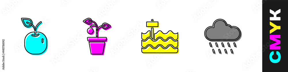 设置苹果、盆栽、花园床和带雨图标的云。矢量