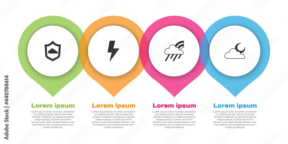 设置天气预报、闪电、有云有雨的彩虹和云月。商业信息图