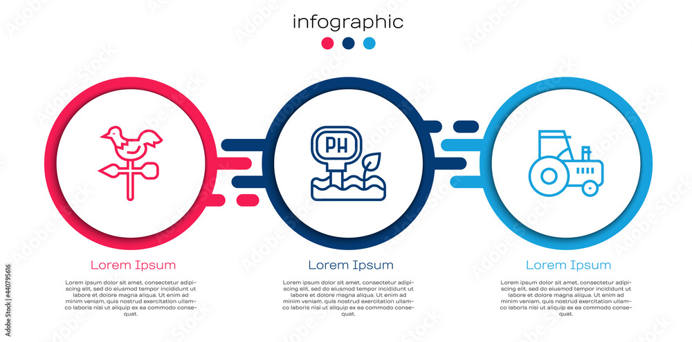 设置线路公鸡风向标、土壤ph测试和拖拉机。商业信息图模板。矢量