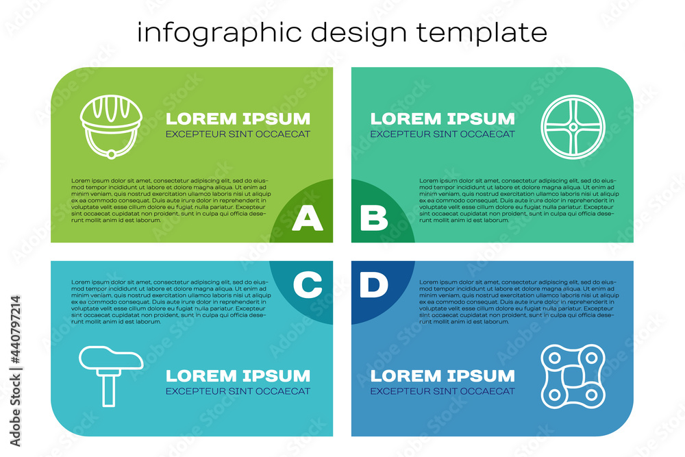 设置自行车座椅、头盔、链条和车轮。商业信息图模板。矢量