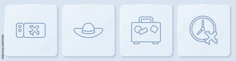 套票、手提箱、优雅女士帽子和飞机时钟。白色方形按钮。V