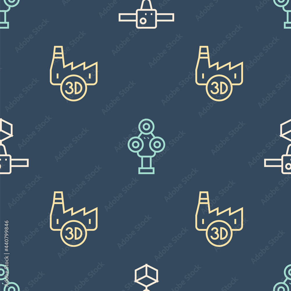 在无缝图案上设置3D打印机立方体、印刷厂工业和扫描仪。矢量
