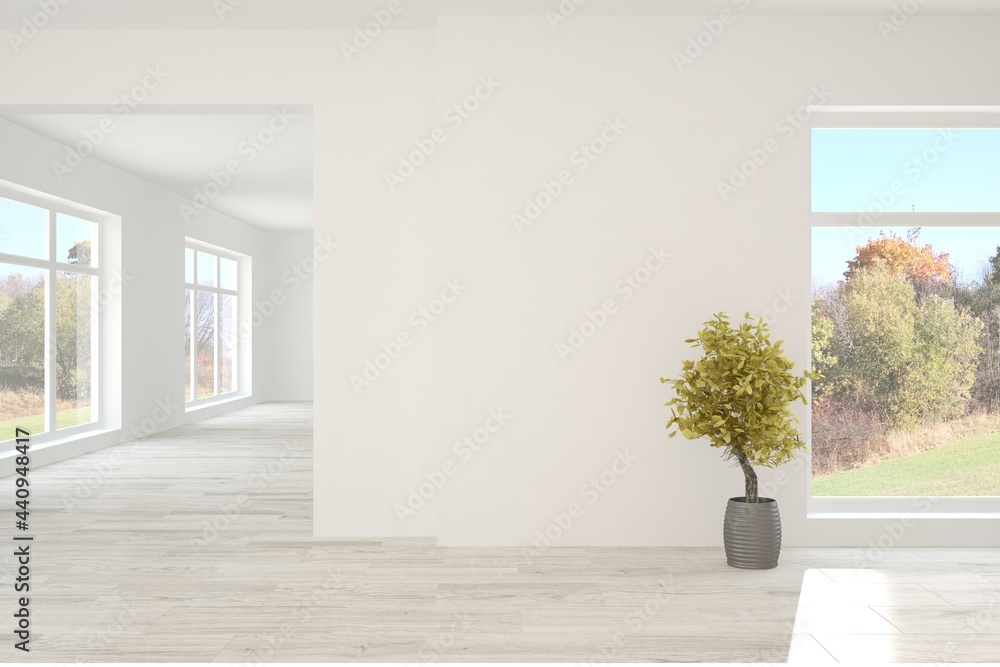 Stylish empty room in white color with autumn landscape in window. Scandinavian interior design. 3D 