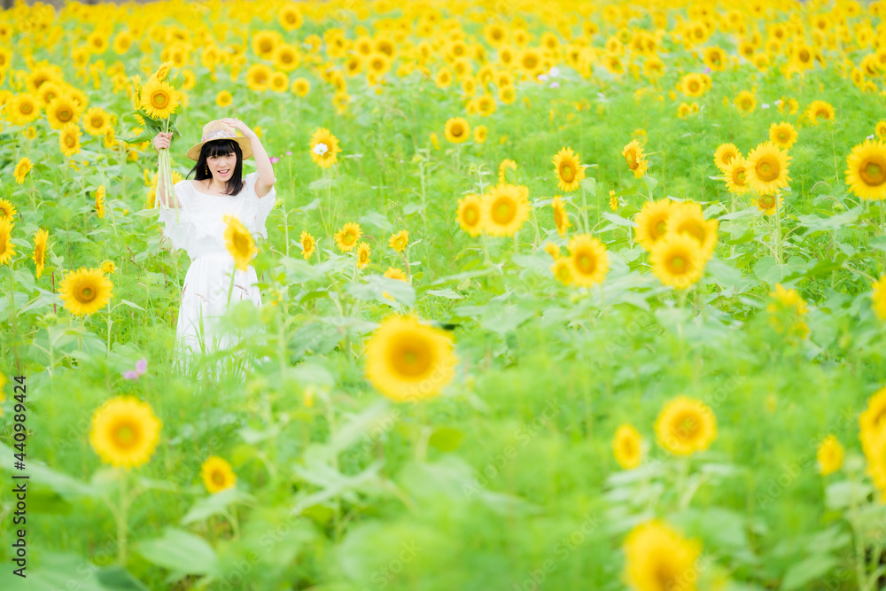 ひまわり畑と白いワンピース姿の女性