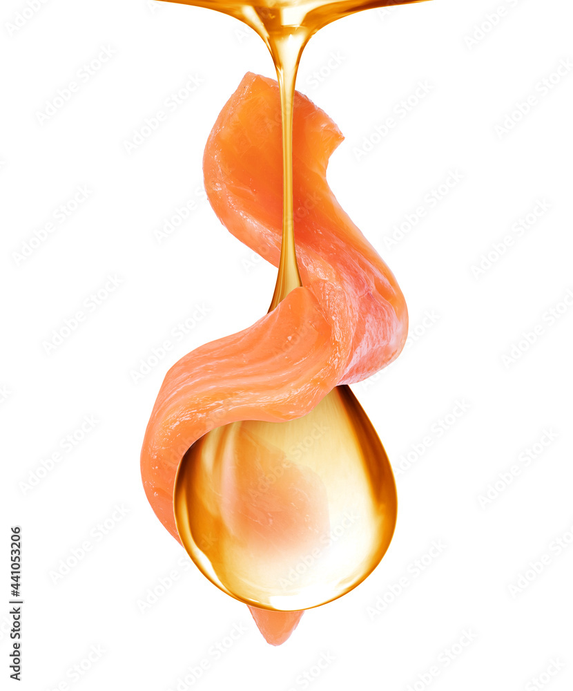 Oily drop with fresh red fish, conceptual image on white background