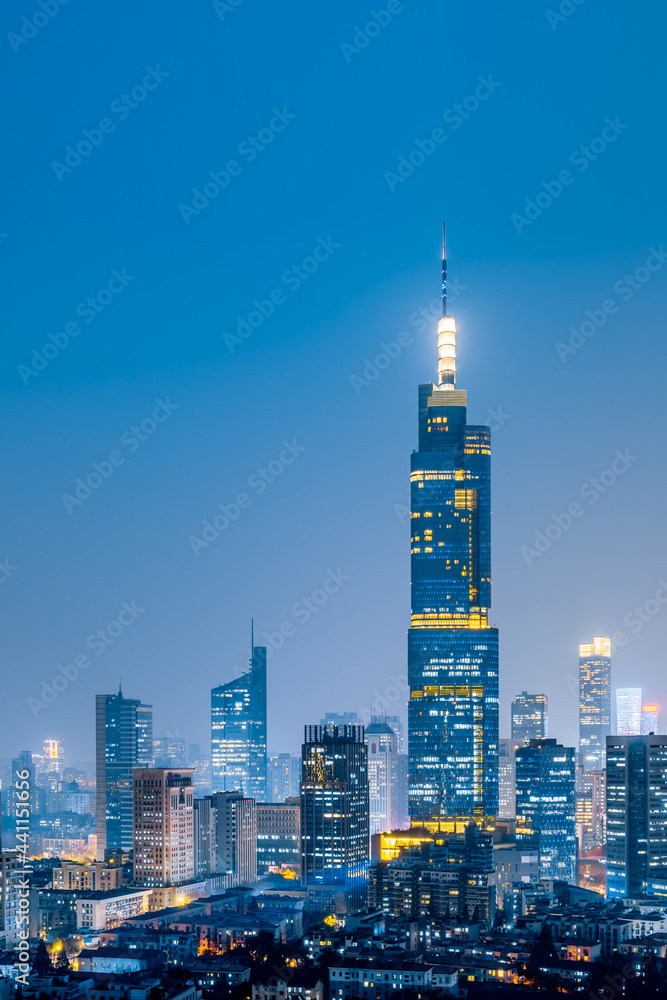 中国江苏南京紫峰大厦与城市天际线夜景