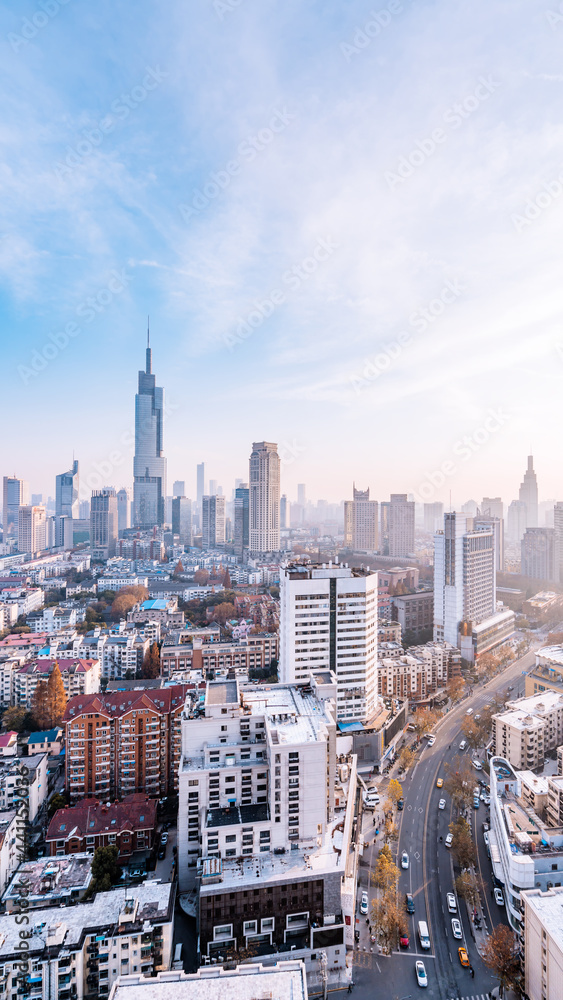 Dusk scenery of Zifeng Building and city skyline in Nanjing, Jiangsu, China 