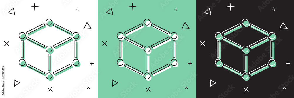 将等轴测立方体图标隔离在白色和绿色黑色背景上。几何立方体实心图标。3