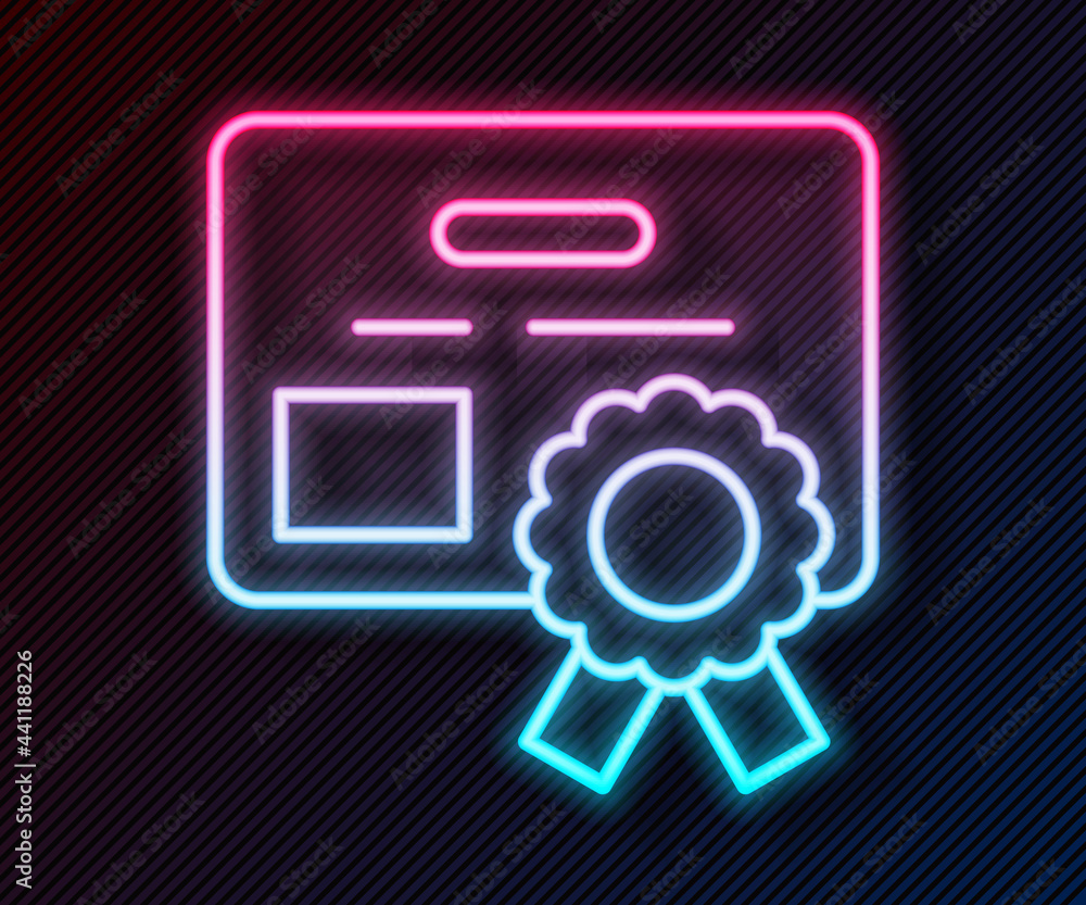 Glowing neon line Certificate template icon isolated on black background. Achievement, award, degree