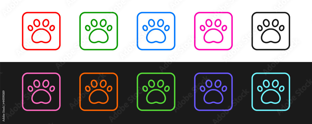 Set line Paw print icon isolated on black and white background. Dog or cat paw print. Animal track. 