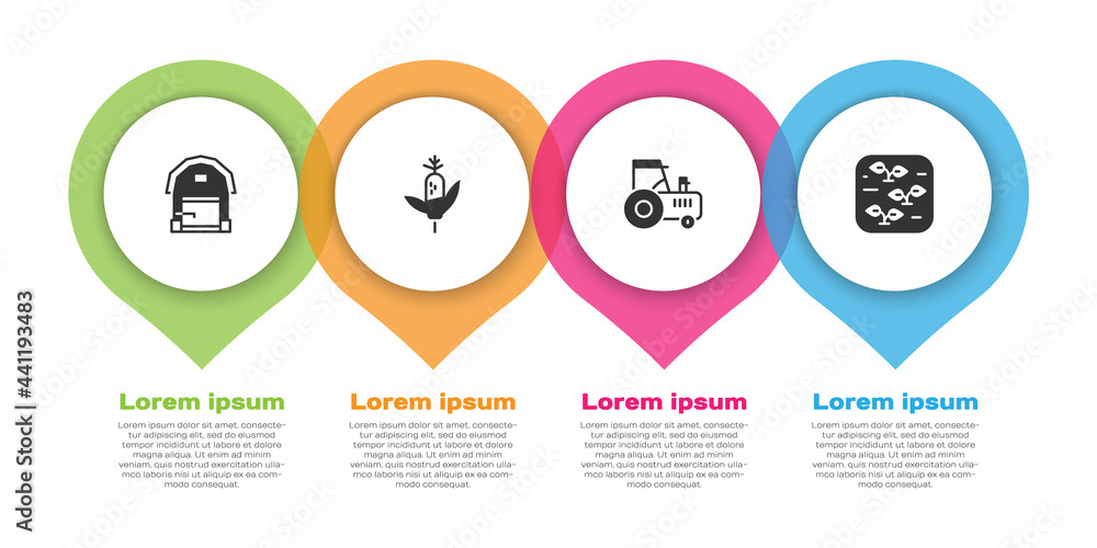 设置农舍、玉米、拖拉机和植物。商业信息图模板。矢量