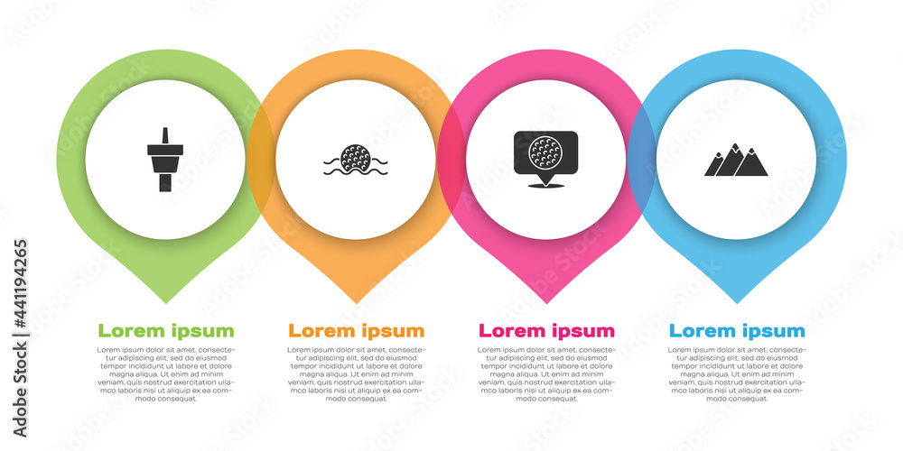 设置高尔夫球座、水中球、标签和山脉。商业信息图模板。矢量